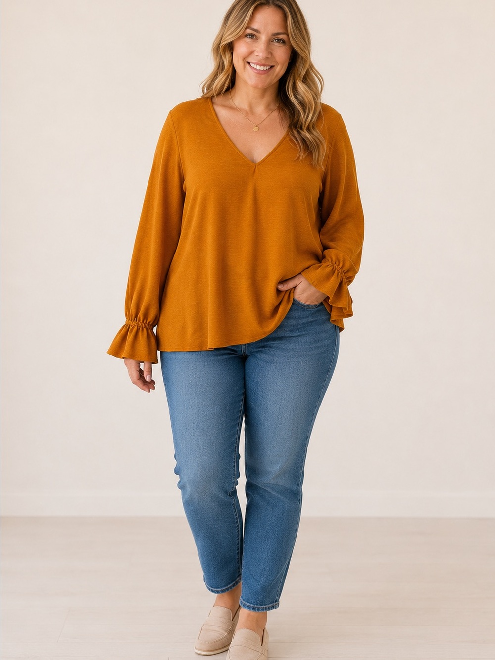 Michael Kors V-Neck Ruffle Sleeve Top in Mustard